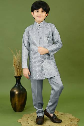 Boys satin zigzag sequined embroidered sherwani set- grey