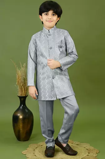 Boys satin zigzag sequined embroidered sherwani set- grey