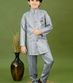 Boys satin zigzag sequined embroidered sherwani set- grey