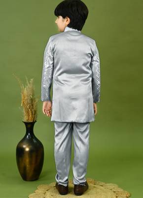 Boys satin zigzag sequined embroidered sherwani set- grey 2