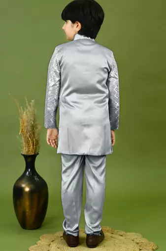 Boys satin zigzag sequined embroidered sherwani set- grey