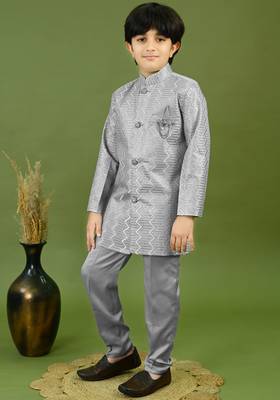 Boys satin zigzag sequined embroidered sherwani set- grey 3