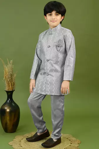 Boys satin zigzag sequined embroidered sherwani set- grey