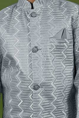 Boys satin zigzag sequined embroidered sherwani set- grey 4