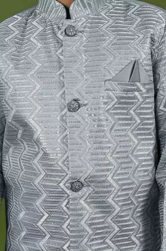 Boys satin zigzag sequined embroidered sherwani set- grey