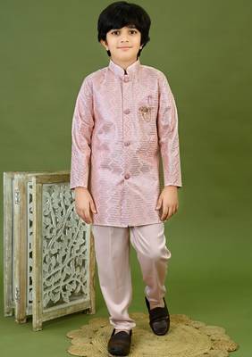 Boys satin zigzag sequined embroidered sherwani set- onion pink 1