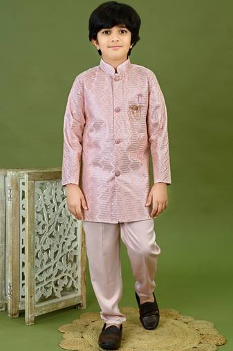 Boys satin zigzag sequined embroidered sherwani set- onion pink