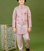 Boys satin zigzag sequined embroidered sherwani set- onion pink