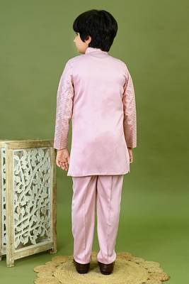 Boys satin zigzag sequined embroidered sherwani set- onion pink 2