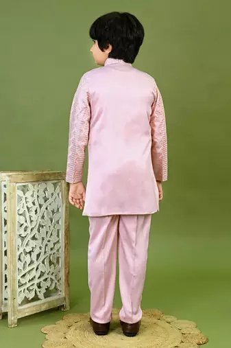 Boys satin zigzag sequined embroidered sherwani set- onion pink