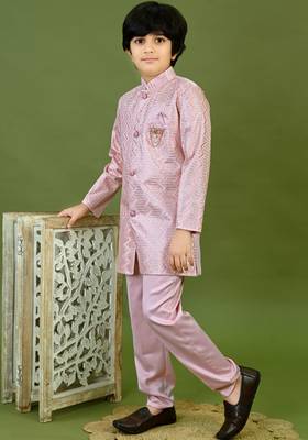 Boys satin zigzag sequined embroidered sherwani set- onion pink 3