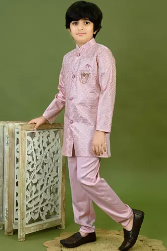 Boys satin zigzag sequined embroidered sherwani set- onion pink