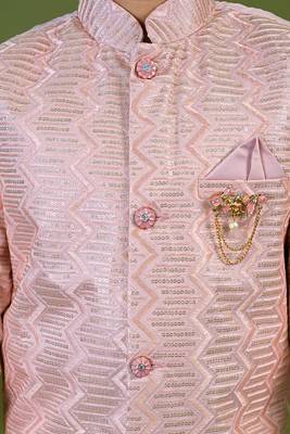 Boys satin zigzag sequined embroidered sherwani set- onion pink 4