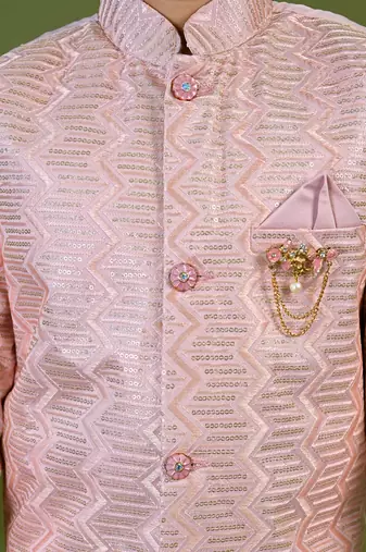 Boys satin zigzag sequined embroidered sherwani set- onion pink