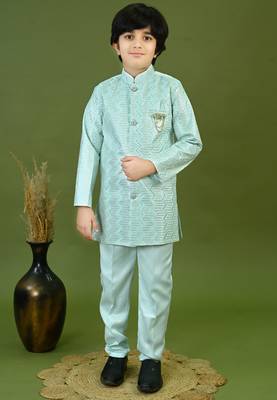 Boys satin zigzag sequined embroidered sherwani set- sky blue 1