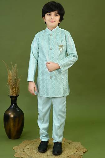 Boys satin zigzag sequined embroidered sherwani set- sky blue