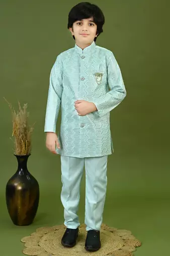Boys satin zigzag sequined embroidered sherwani set- sky blue