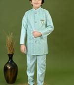 Boys satin zigzag sequined embroidered sherwani set- sky blue