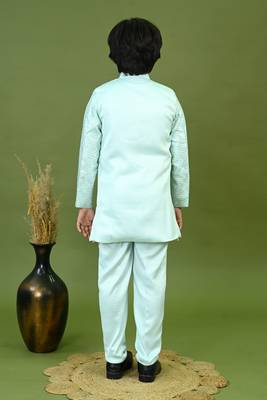 Boys satin zigzag sequined embroidered sherwani set- sky blue 2