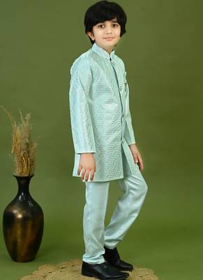 Boys satin zigzag sequined embroidered sherwani set- sky blue 3
