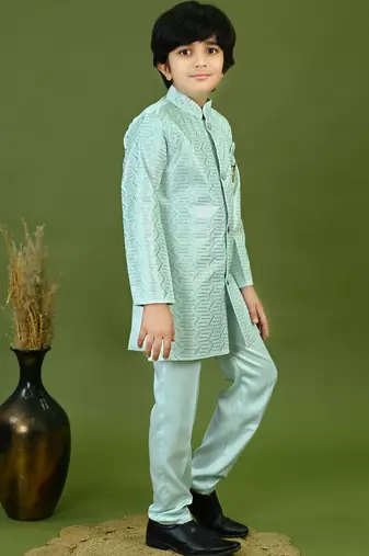 Boys satin zigzag sequined embroidered sherwani set- sky blue