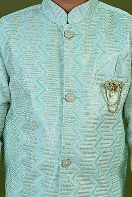 Boys satin zigzag sequined embroidered sherwani set- sky blue 4
