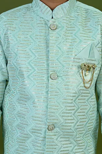Boys satin zigzag sequined embroidered sherwani set- sky blue