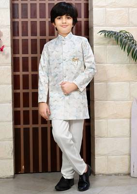Boys satin sequined floral embroidered sherwani set- cream 1