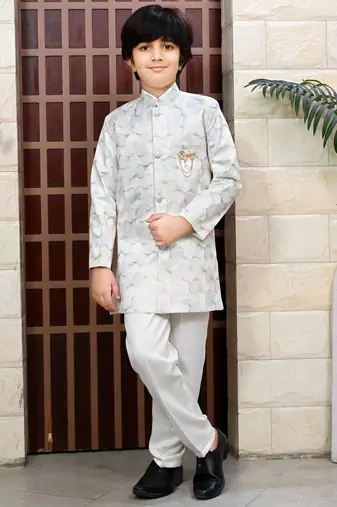 Boys satin sequined floral embroidered sherwani set- cream