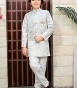 Boys satin sequined floral embroidered sherwani set- cream