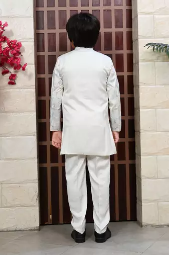 Boys satin sequined floral embroidered sherwani set- cream