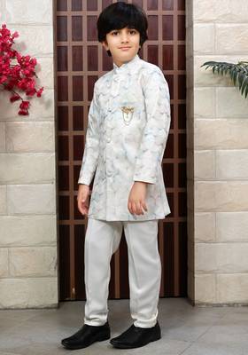 Boys satin sequined floral embroidered sherwani set- cream 3