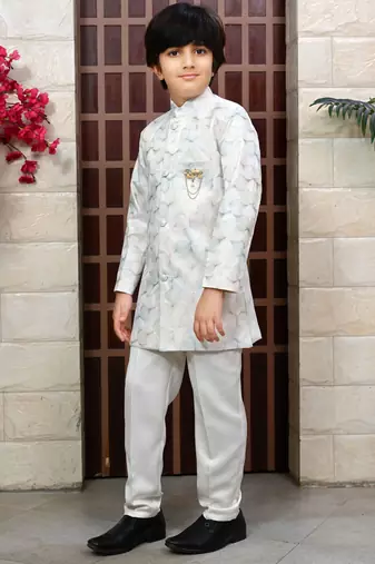 Boys satin sequined floral embroidered sherwani set- cream