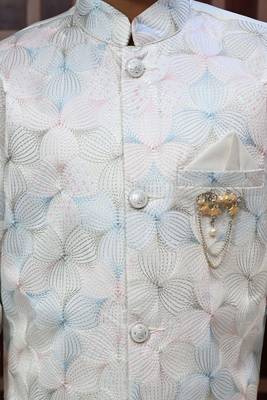Boys satin sequined floral embroidered sherwani set- cream 4