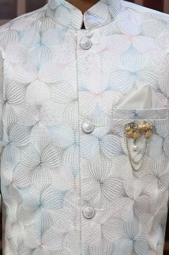 Boys satin sequined floral embroidered sherwani set- cream