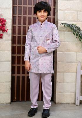 Boys satin sequined floral embroidered sherwani set- lilac 1