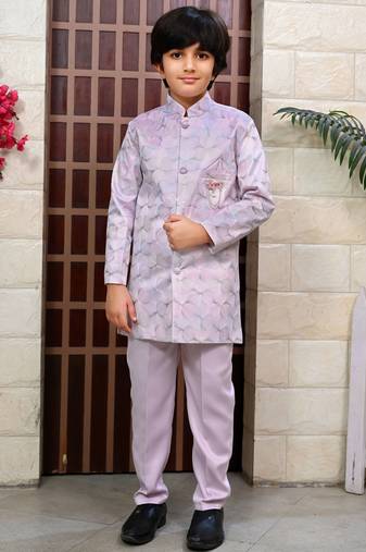 Boys satin sequined floral embroidered sherwani set- lilac
