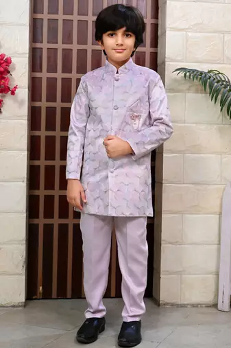 Boys satin sequined floral embroidered sherwani set- lilac