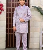 Boys satin sequined floral embroidered sherwani set- lilac