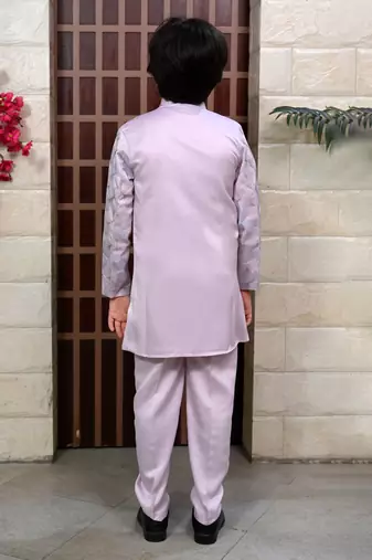 Boys satin sequined floral embroidered sherwani set- lilac