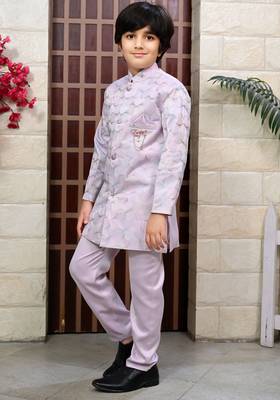 Boys satin sequined floral embroidered sherwani set- lilac 3