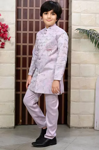 Boys satin sequined floral embroidered sherwani set- lilac