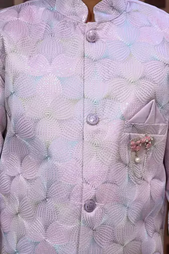 Boys satin sequined floral embroidered sherwani set- lilac