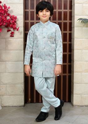Boys satin sequined floral embroidered sherwani set- sky blue 1