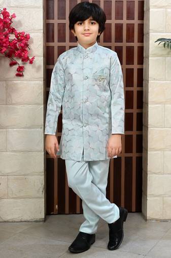 Boys satin sequined floral embroidered sherwani set- sky blue