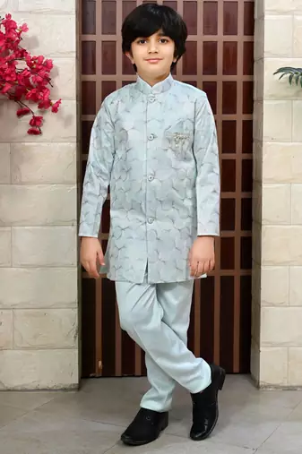 Boys satin sequined floral embroidered sherwani set- sky blue
