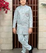 Boys satin sequined floral embroidered sherwani set- sky blue