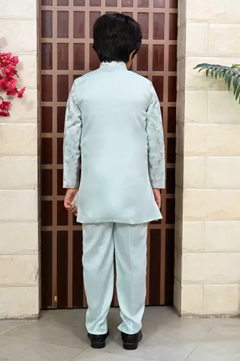 Boys satin sequined floral embroidered sherwani set- sky blue