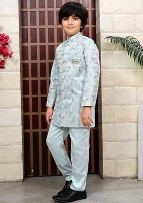 Boys satin sequined floral embroidered sherwani set- sky blue 3