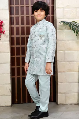 Boys satin sequined floral embroidered sherwani set- sky blue